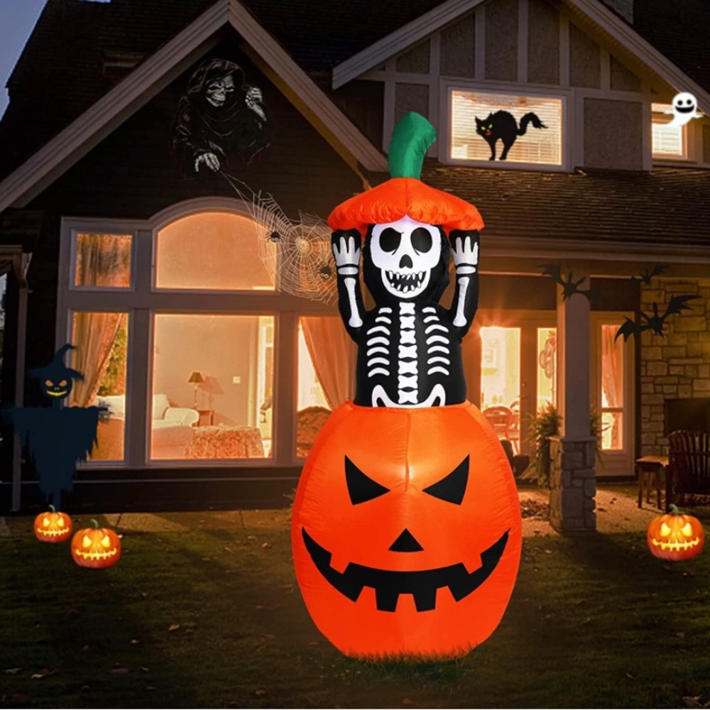 7 FT Blow-Up Halloween Yard Decorations Spooky Skeleton Pumpkin Inflatable Decor